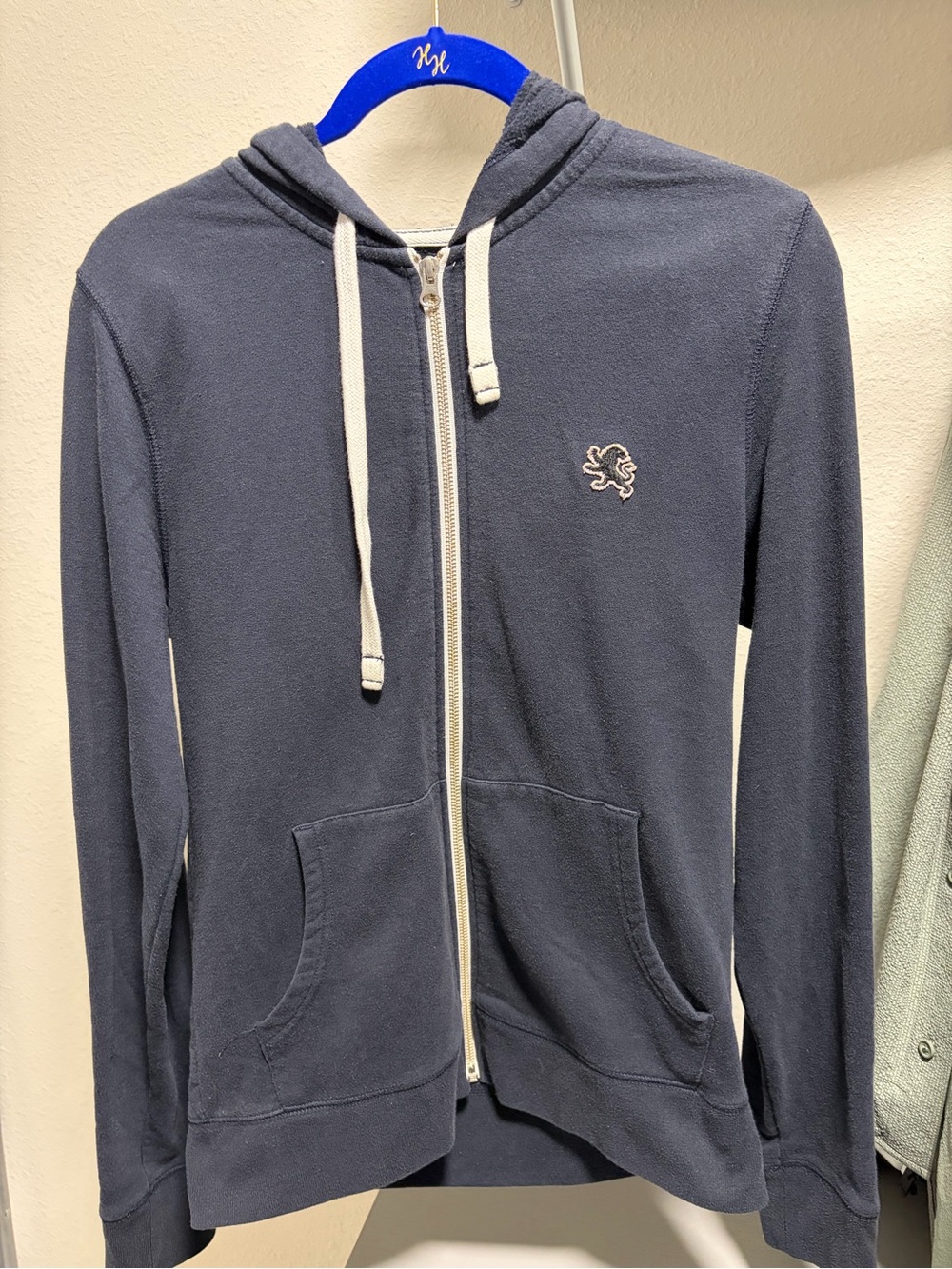 Express Men's Navy Zip-Up Hoodie with Contrast Drawstrings